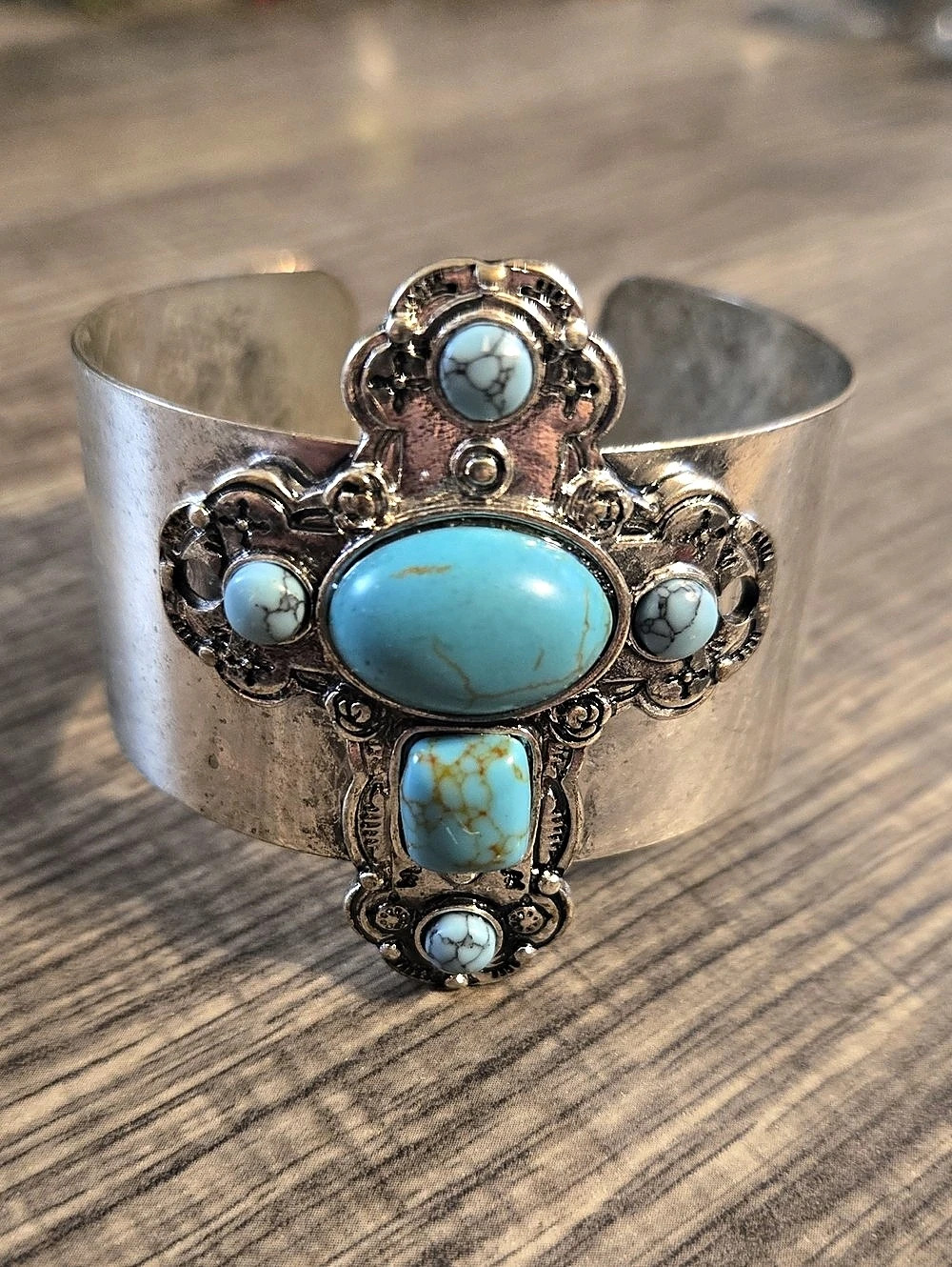 Turquoise Stone Silver-Tone Cuff Bracelet